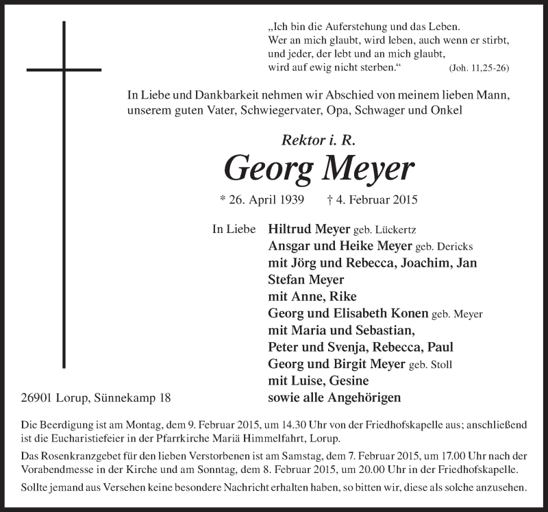  Traueranzeige für Georg Meyer vom 06.02.2015 aus Neue Osnabrücker Zeitung GmbH & Co. KG