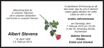 Traueranzeige von Albert Stevens von Neue Osnabrücker Zeitung GmbH & Co. KG
