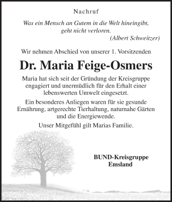 Traueranzeige von Maria Feige-Osmers von Neue Osnabrücker Zeitung GmbH & Co. KG