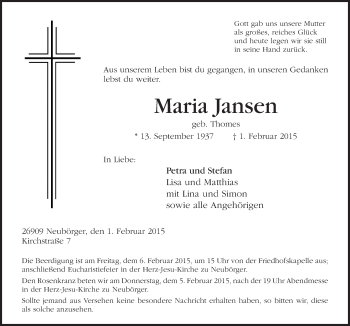 Traueranzeige von Maria Jansen von Neue Osnabrücker Zeitung GmbH & Co. KG