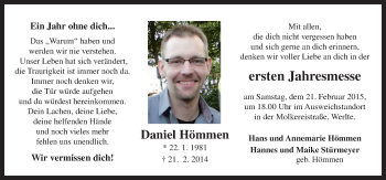 Traueranzeige von Daniel Hömmen von Neue Osnabrücker Zeitung GmbH & Co. KG