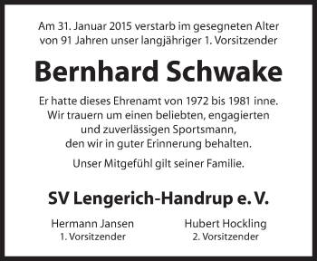 Traueranzeige von Bernhard Schwake von Neue Osnabrücker Zeitung GmbH & Co. KG