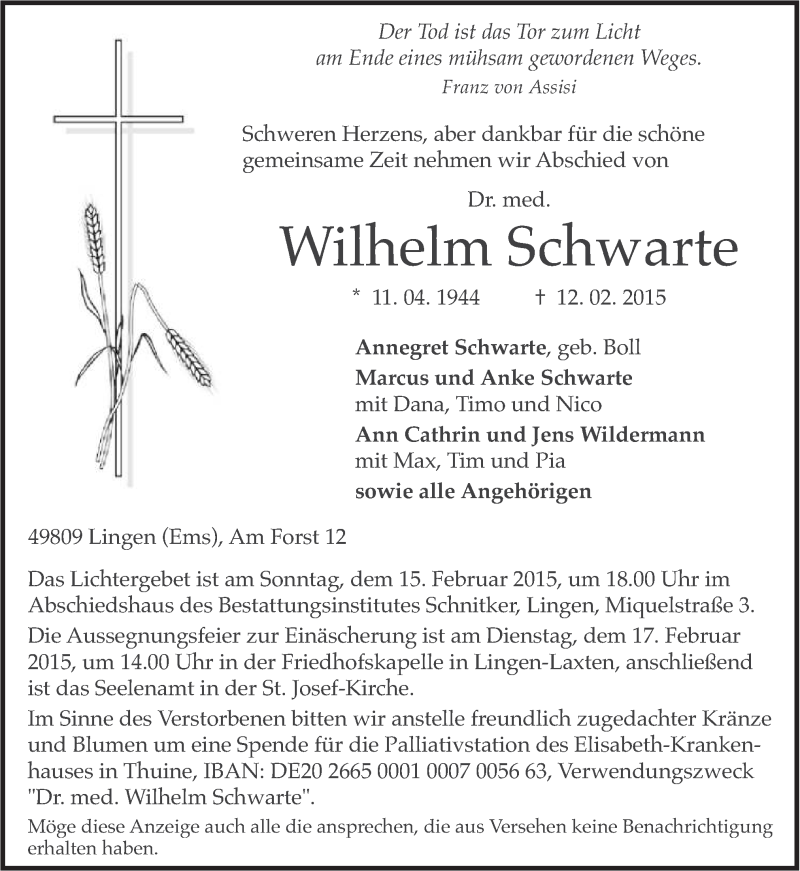  Traueranzeige für Wilhelm Schwarte vom 14.02.2015 aus Neue Osnabrücker Zeitung GmbH & Co. KG