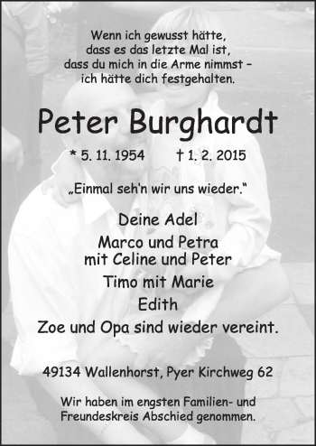Traueranzeige von Peter Burghardt von Neue Osnabrücker Zeitung GmbH & Co. KG