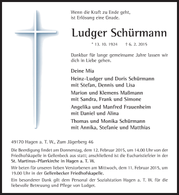 Traueranzeige von Ludger Schürmann von Neue Osnabrücker Zeitung GmbH & Co. KG