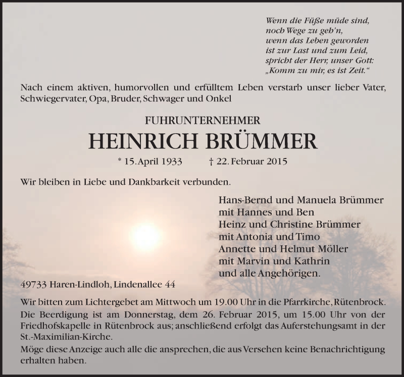  Traueranzeige für Heinrich Brümmer vom 24.02.2015 aus Neue Osnabrücker Zeitung GmbH & Co. KG