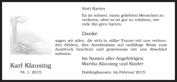 Traueranzeige von Karl Klausing von Neue Osnabrücker Zeitung GmbH & Co. KG