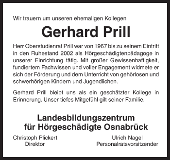 Traueranzeige von Gerhard Prill von Neue Osnabrücker Zeitung GmbH & Co. KG