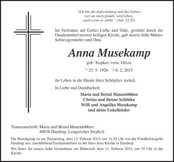 Traueranzeige von Anna Musekamp von Neue Osnabrücker Zeitung GmbH & Co. KG