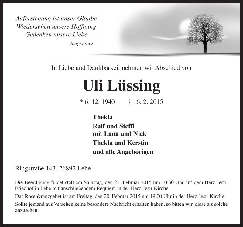  Traueranzeige für Uli Lüssing vom 18.02.2015 aus Neue Osnabrücker Zeitung GmbH & Co. KG