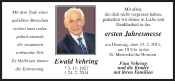 Traueranzeige von Ewald Vehring von Neue Osnabrücker Zeitung GmbH & Co. KG