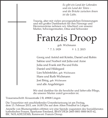 Traueranzeige von Franzis Droop von Neue Osnabrücker Zeitung GmbH & Co. KG