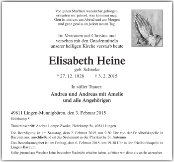 Traueranzeige von Elisabeth Heine von Neue Osnabrücker Zeitung GmbH & Co. KG