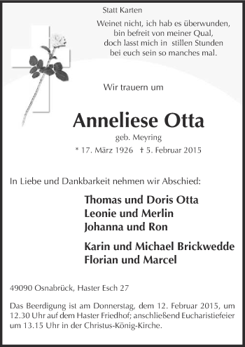 Traueranzeige von Anneliese Otta von Neue Osnabrücker Zeitung GmbH & Co. KG