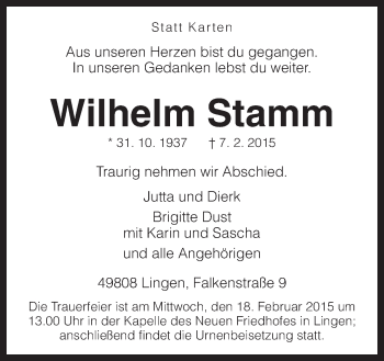 Traueranzeige von Wilhelm Stamm von Neue Osnabrücker Zeitung GmbH & Co. KG