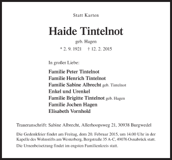 Traueranzeige von Haide Tintelnot von Neue Osnabrücker Zeitung GmbH & Co. KG