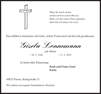 Traueranzeige von Giesela Lonnemann von Neue Osnabrücker Zeitung GmbH & Co. KG