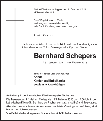 Traueranzeige von Bernhard Schepers von Neue Osnabrücker Zeitung GmbH & Co. KG