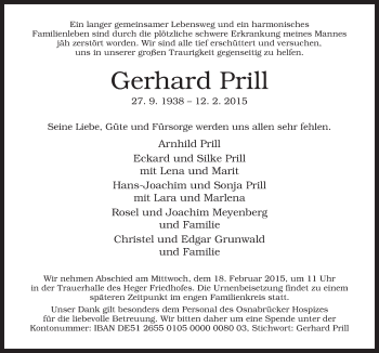 Traueranzeige von Gerhard Prill von Neue Osnabrücker Zeitung GmbH & Co. KG