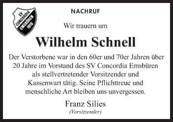 Traueranzeige von Wilhelm Schnell von Neue Osnabrücker Zeitung GmbH & Co. KG