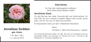 Traueranzeige von Anneliese Strätker von Neue Osnabrücker Zeitung GmbH & Co. KG