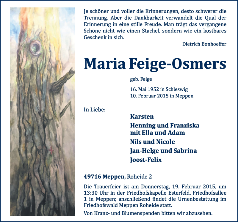  Traueranzeige für Maria Feige-Osmers vom 14.02.2015 aus Neue Osnabrücker Zeitung GmbH & Co. KG