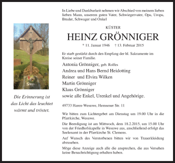 Traueranzeige von Heinz Grönninger von Neue Osnabrücker Zeitung GmbH & Co. KG