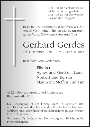 Traueranzeige von Gerhard Gerdes von Neue Osnabrücker Zeitung GmbH & Co. KG
