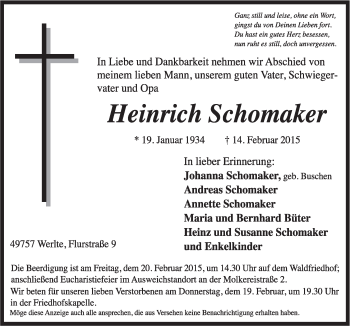 Traueranzeige von Heinrich Schomaker von Neue Osnabrücker Zeitung GmbH & Co. KG