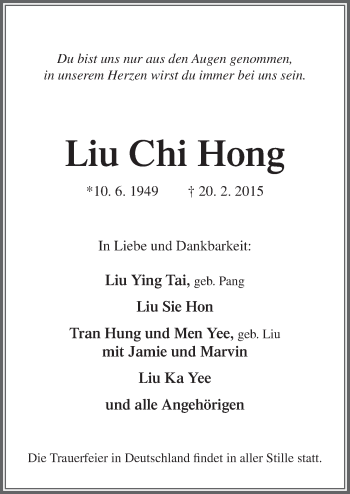 Traueranzeige von Liu Chi Hong von Neue Osnabrücker Zeitung GmbH & Co. KG