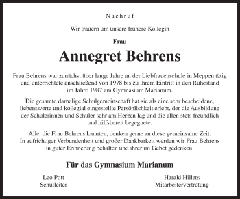 Traueranzeige von Annegret Behrens von Neue Osnabrücker Zeitung GmbH & Co. KG