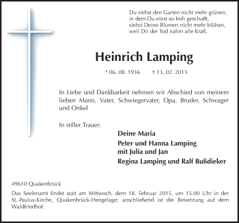 Traueranzeige von Heinrich Lamping von Neue Osnabrücker Zeitung GmbH & Co. KG