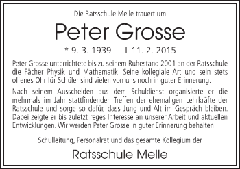 Traueranzeige von Peter Grosse von Neue Osnabrücker Zeitung GmbH & Co. KG