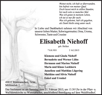 Traueranzeige von Elisabeth Niehoff von Neue Osnabrücker Zeitung GmbH & Co. KG