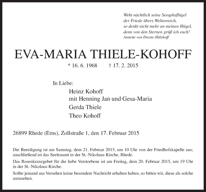  Traueranzeige für Eva-Maria Thiele-Kohoff vom 19.02.2015 aus Neue Osnabrücker Zeitung GmbH & Co. KG