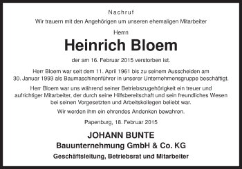 Traueranzeige von Heinrich Bloem von Neue Osnabrücker Zeitung GmbH & Co. KG