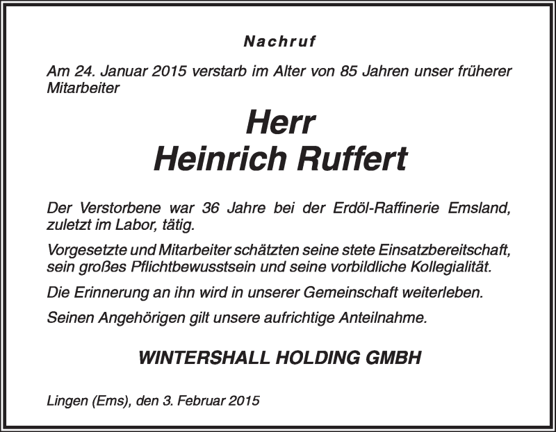  Traueranzeige für Heinrich Ruffert vom 03.02.2015 aus Neue Osnabrücker Zeitung GmbH & Co. KG