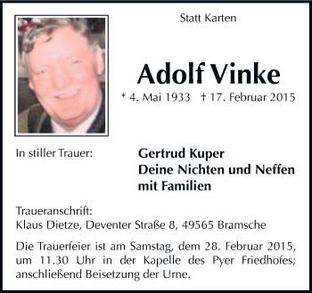 Traueranzeige von Adolf Vinke von Neue Osnabrücker Zeitung GmbH & Co. KG