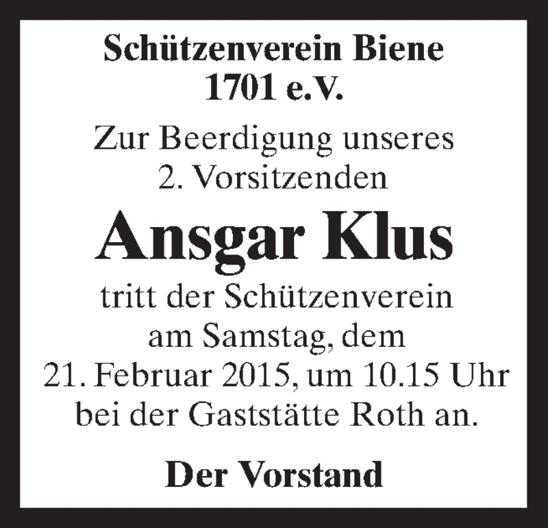  Traueranzeige für Ansgar Klus vom 20.02.2015 aus Neue Osnabrücker Zeitung GmbH & Co. KG