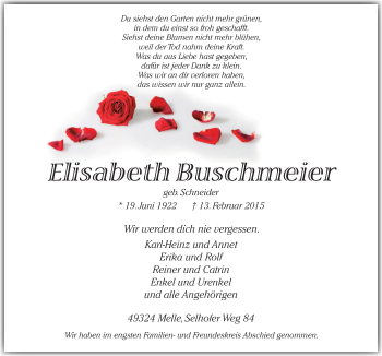 Traueranzeige von Elisabeth Buschmeier von Neue Osnabrücker Zeitung GmbH & Co. KG