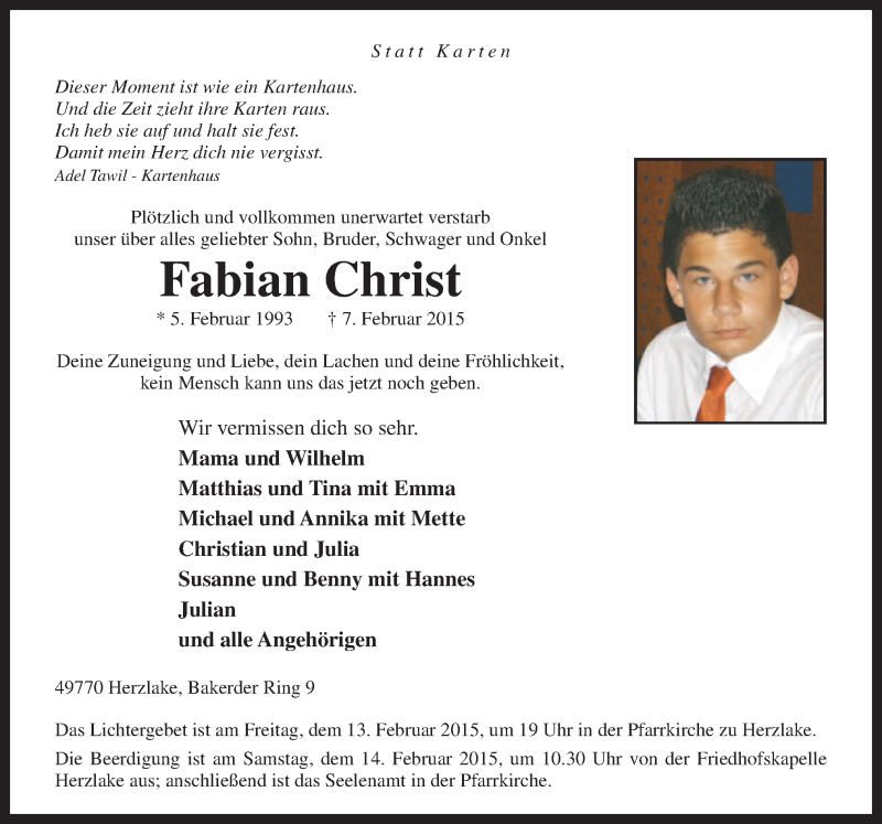  Traueranzeige für Fabian Christ vom 11.02.2015 aus Neue Osnabrücker Zeitung GmbH & Co. KG