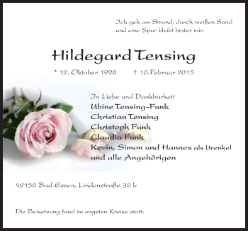 Traueranzeige von Hildegard Tensing von Neue Osnabrücker Zeitung GmbH & Co. KG