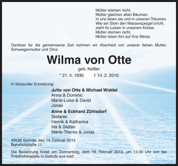 Traueranzeige von Wilma von Otte von Neue Osnabrücker Zeitung GmbH & Co. KG