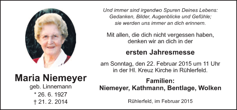  Traueranzeige für Maria Niemeyer vom 19.02.2015 aus Neue Osnabrücker Zeitung GmbH & Co. KG