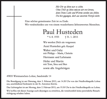 Traueranzeige von Paul Husteden von Neue Osnabrücker Zeitung GmbH & Co. KG