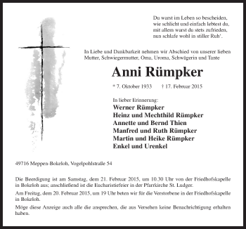 Traueranzeige von Anni Rümpker von Neue Osnabrücker Zeitung GmbH & Co. KG