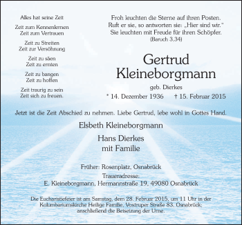 Traueranzeige von Gertrud Kleineborgmann von Neue Osnabrücker Zeitung GmbH & Co. KG