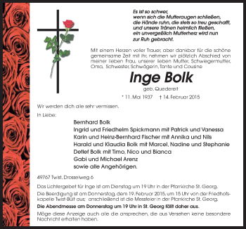 Traueranzeige von Inge Bolk von Neue Osnabrücker Zeitung GmbH & Co. KG