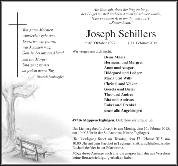 Traueranzeige von Joseph Schillers von Neue Osnabrücker Zeitung GmbH & Co. KG