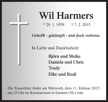 Traueranzeige von Wil Harnvers von Neue Osnabrücker Zeitung GmbH & Co. KG
